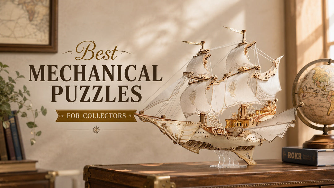 Rokrgeek mechanical airship puzzle displayed as an elegant home decor piece in a collector's study, representing the best mechanical puzzles for collectors.