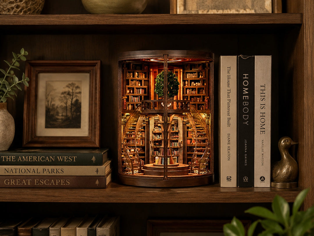 book nook displayed on a wooden bookshelf with books