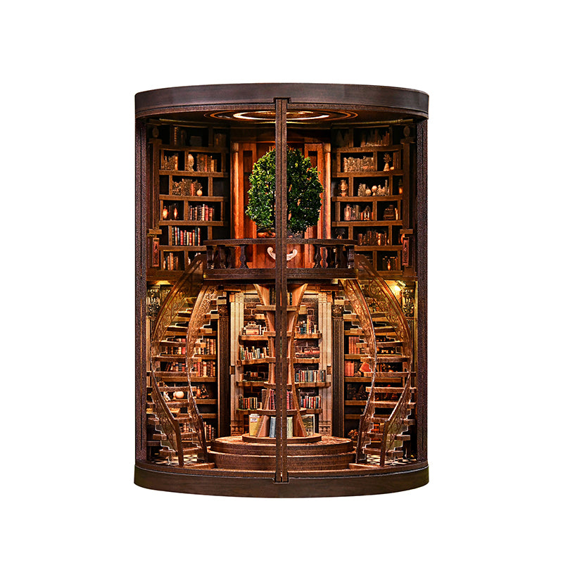 Rokrgeek Wisdom Rings DIY book nook kit with arched library doors and two-level bookshelf design