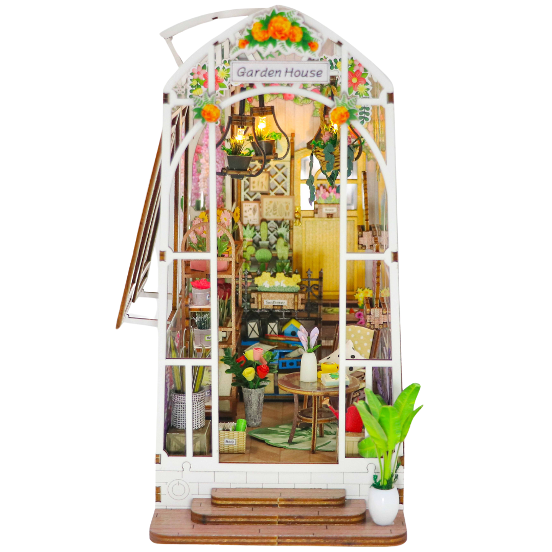 Garden Villa book nook with garden house theme flowers sunlight and cozy villa atmosphere