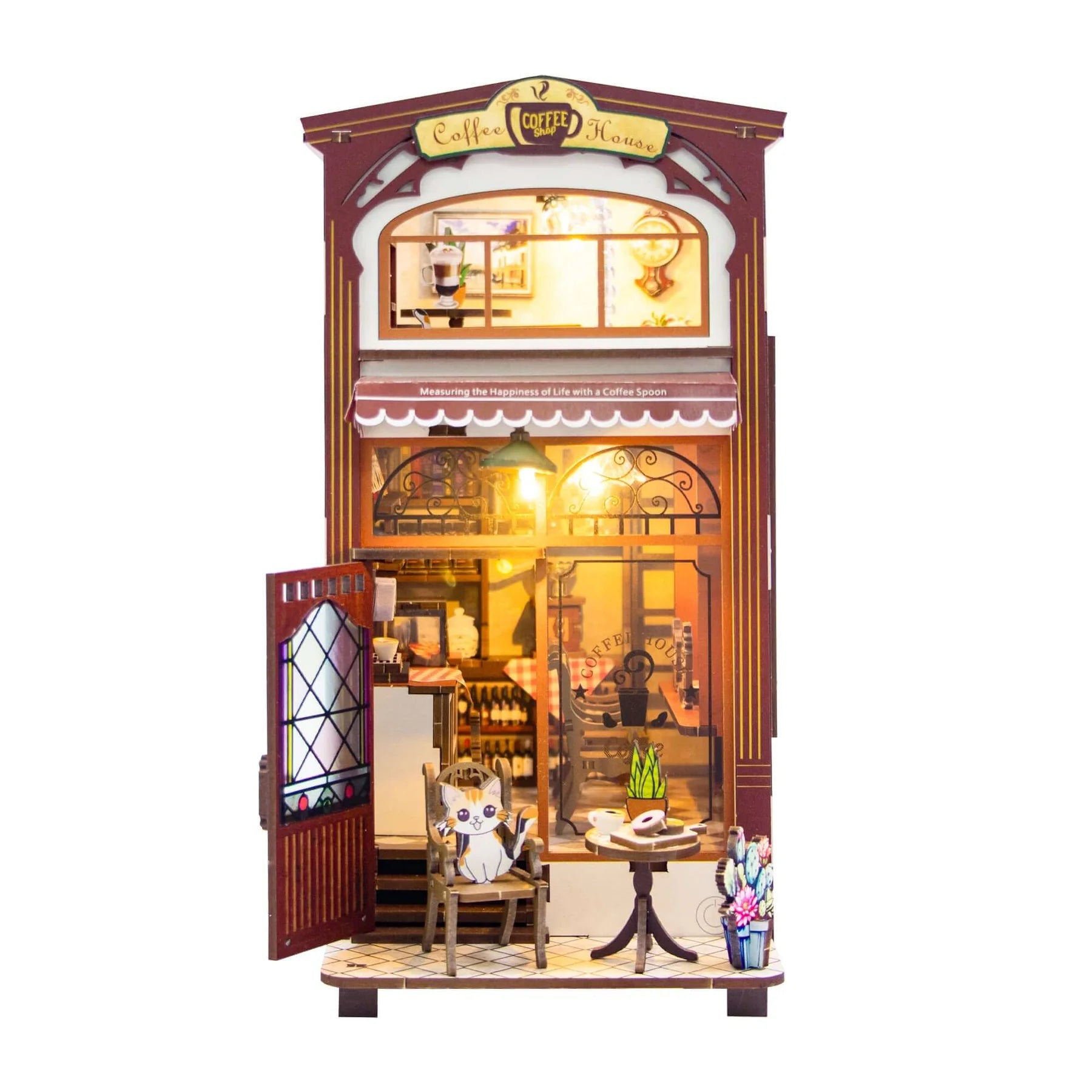 Coffee House DIY book nook with coffee machines beans mini cups plates and warm lighting