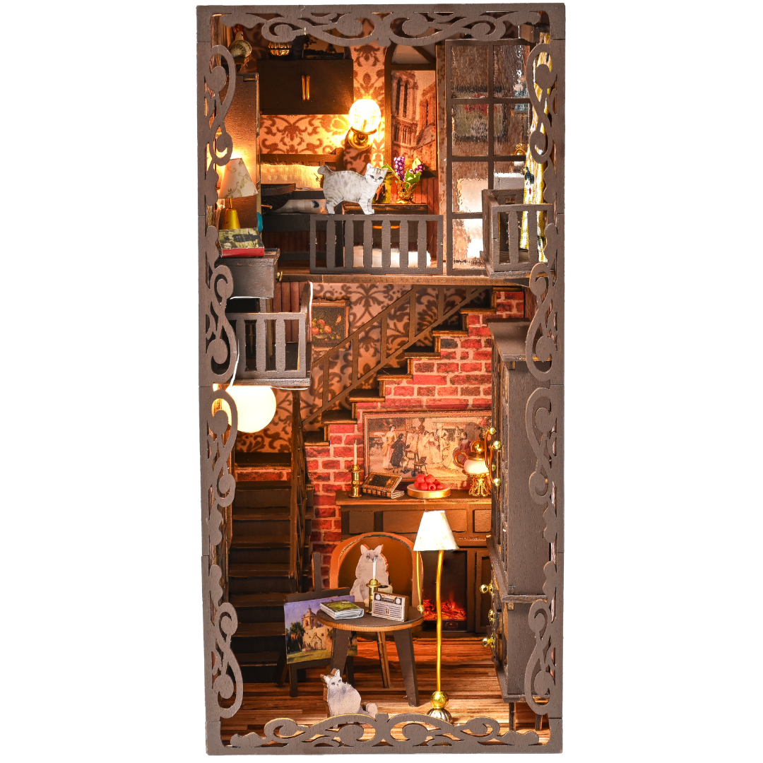 Secret Castle book nook with European vintage castle rooms warm-lit bookshelf and miniature bedroom
