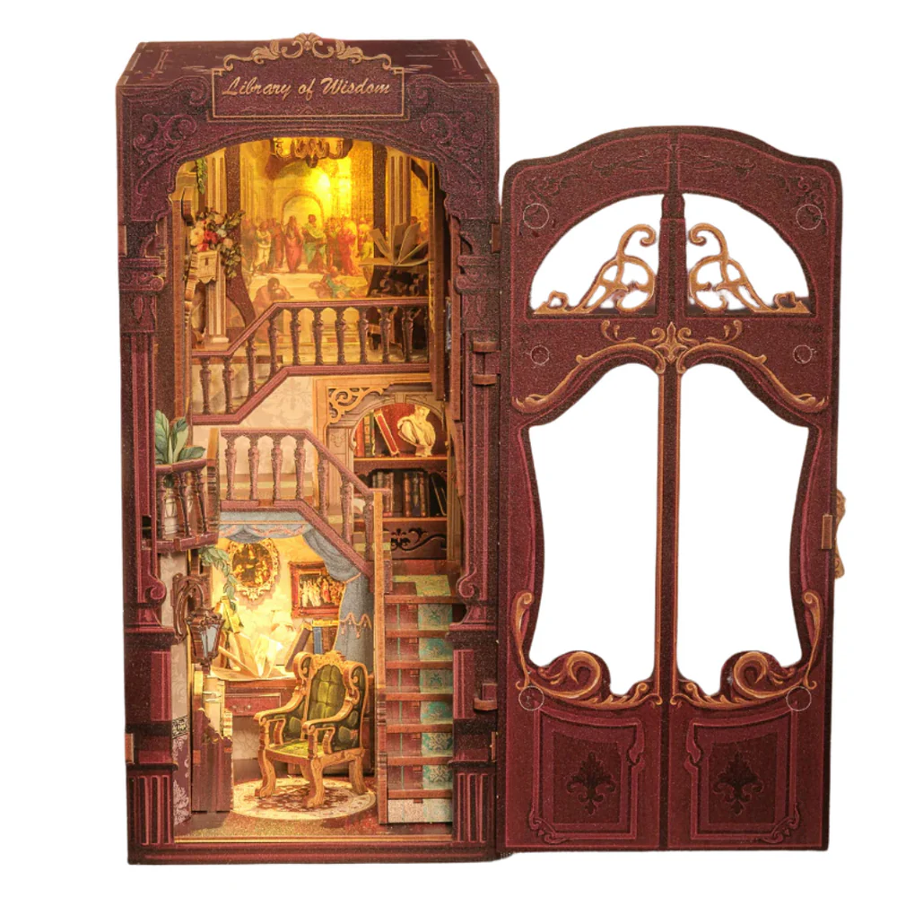 Library of Wisdom book nook with vintage staircase bookshelves and Renaissance-inspired decor