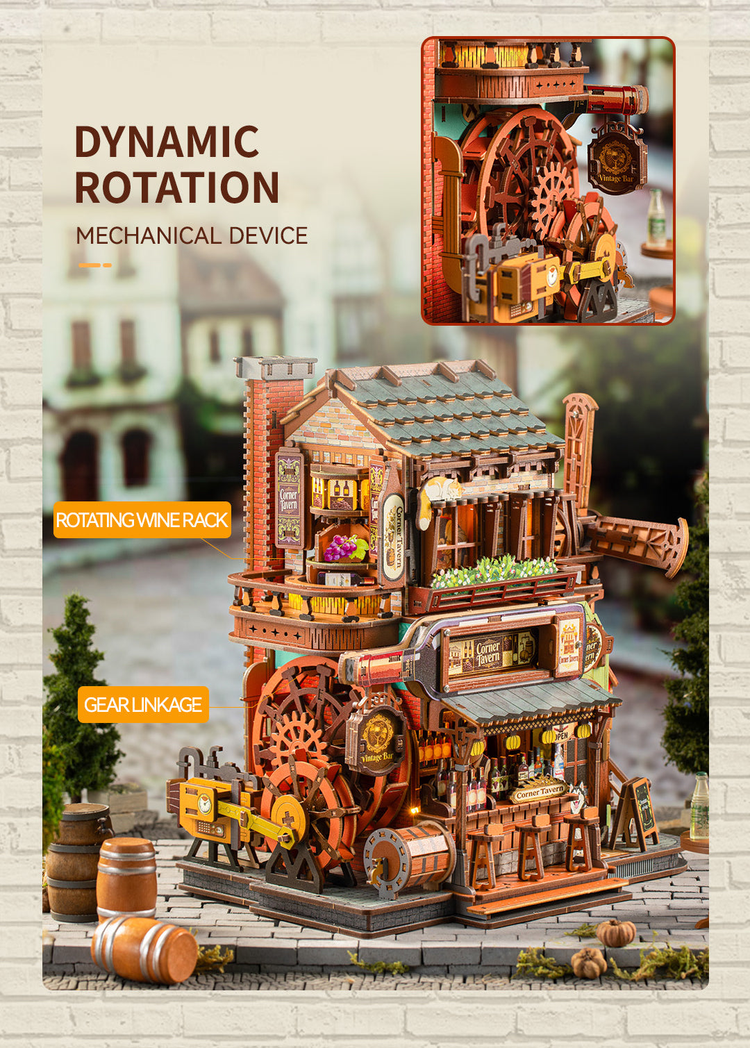 Corner Tavern rotating wine rack and gear linkage