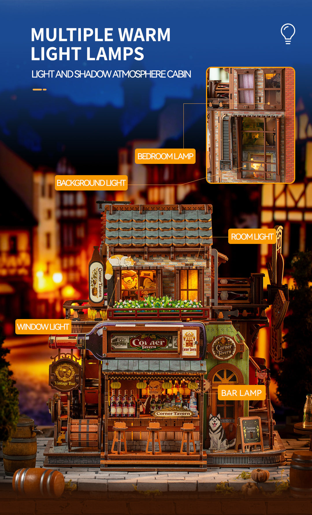 Five lighting areas inside the Corner Tavern